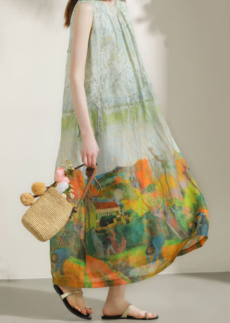 French Green O-neck Print Cotton Long Dress Sleeveless