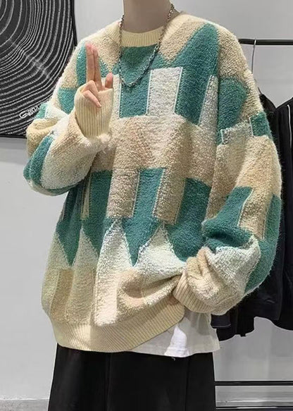 French Green O Neck Thick Cotton Knit Sweater Winter