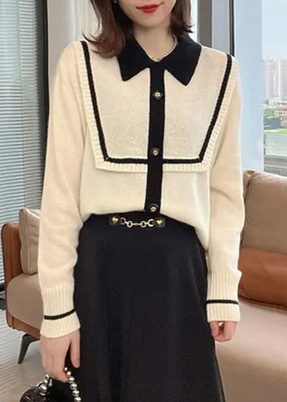 French Green Peter Pan Collar Patchwork Knitted Tops Fall