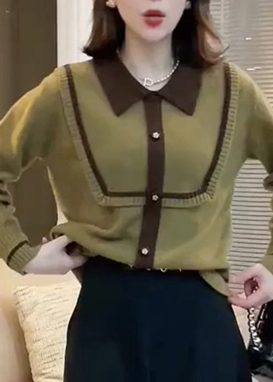 French Green Peter Pan Collar Patchwork Knitted Tops Fall