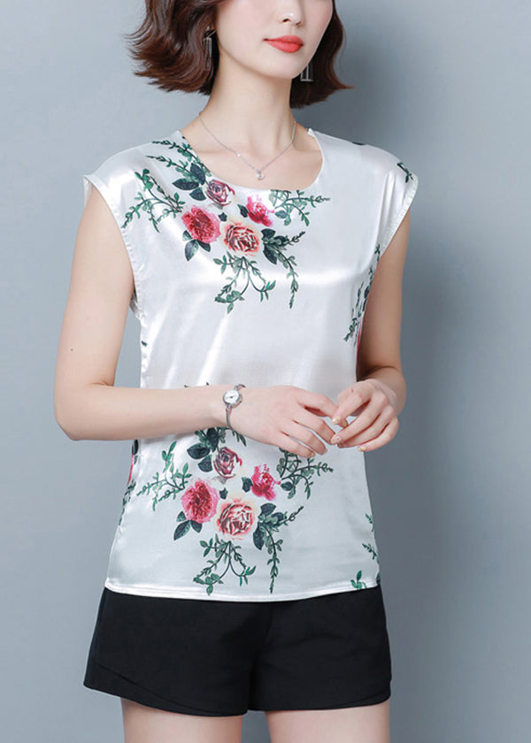 French Green Print O-neck Silk Shirt Tops Short Sleeve