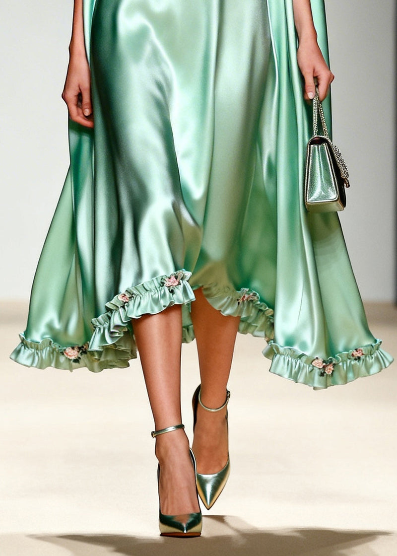 French Green Ruffled Oversized Draping Silk Holiday Dress Summer