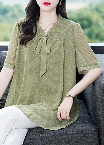French Green V Neck Lace Up Chiffon Shirt Summer
