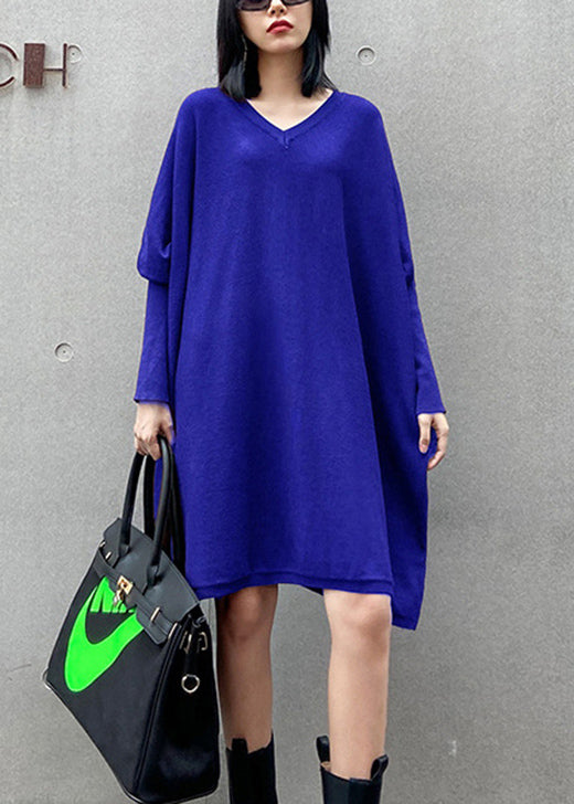 French Green V Neck Patchwork Fall Knitwear Dress
