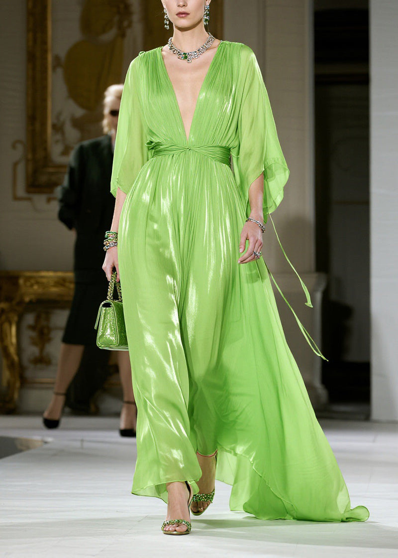 French Green V Neck Wrinkled Chiffon Dress Summer