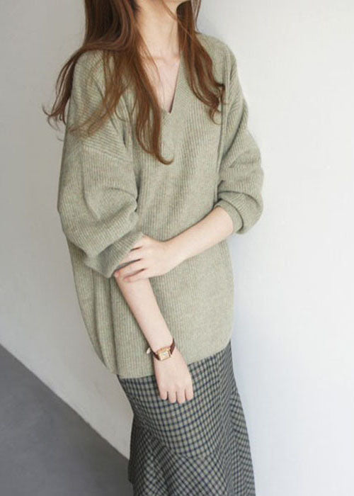 French Green V Neck Cozy Woolen Knit Top Winter