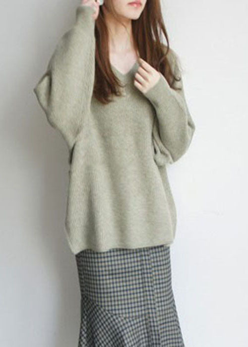 French Green V Neck Cozy Woolen Knit Top Winter