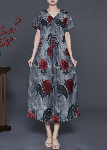 French Grey Cinched Cotton Long Dress Summer