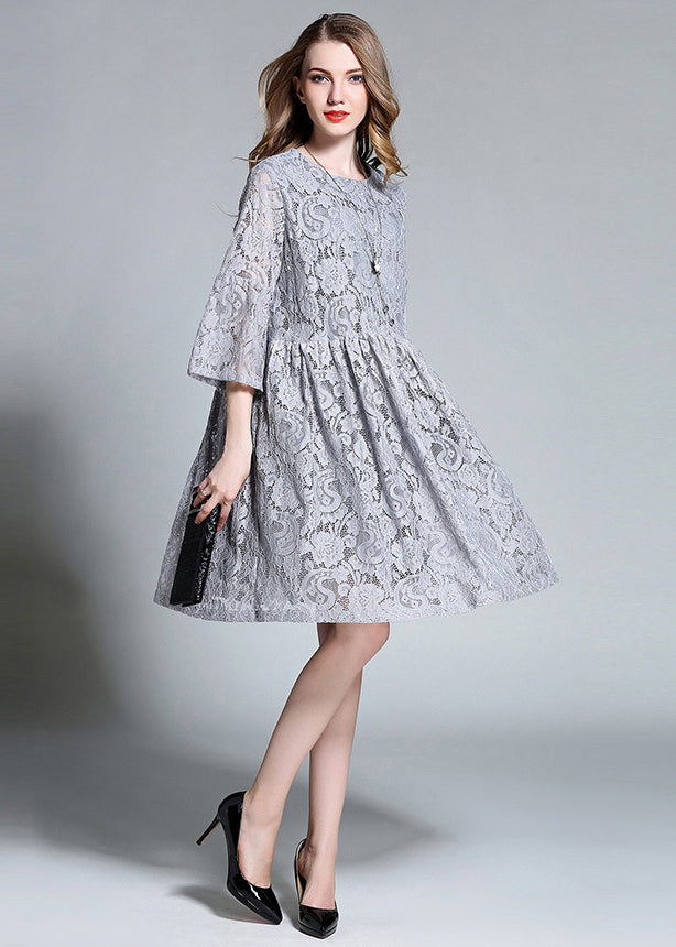 French Grey O-neck Hollow Out Lace Mid Dress Bracelet Sleeve