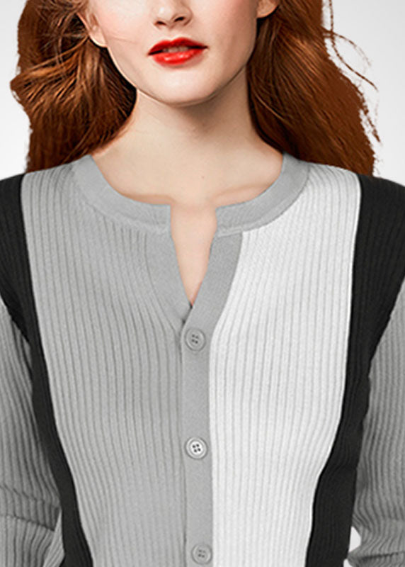 French Grey O-neck Patchwork Wool Knit Cardigans Winter