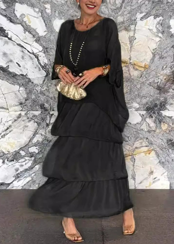 French Grey O Neck Chiffon Dresses Batwing Sleeve