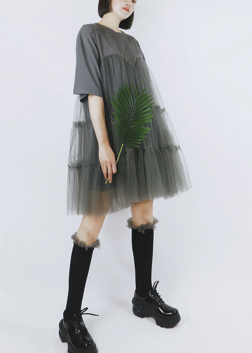 French Grey O-neck Tulle Patchwork Cotton Robe Dresses Short Sleeve