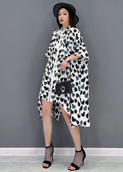 French Grey Peter Pan Collar Asymmetrical Design Heart-shaped Print Chiffon Shirt Dress Short Sleeve