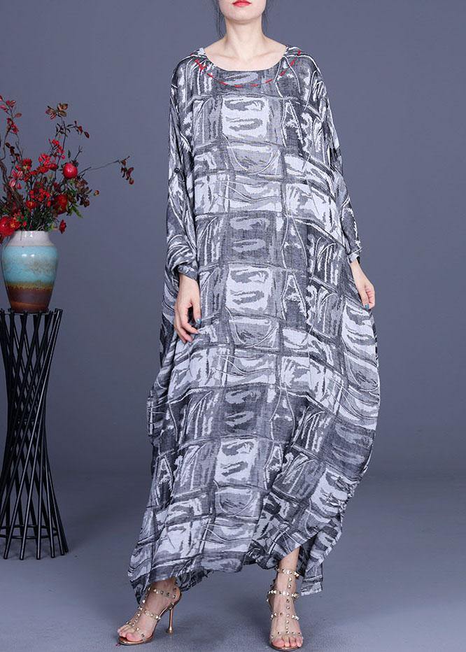French Grey Print Cotton Linen Side Open Party Dress Summer