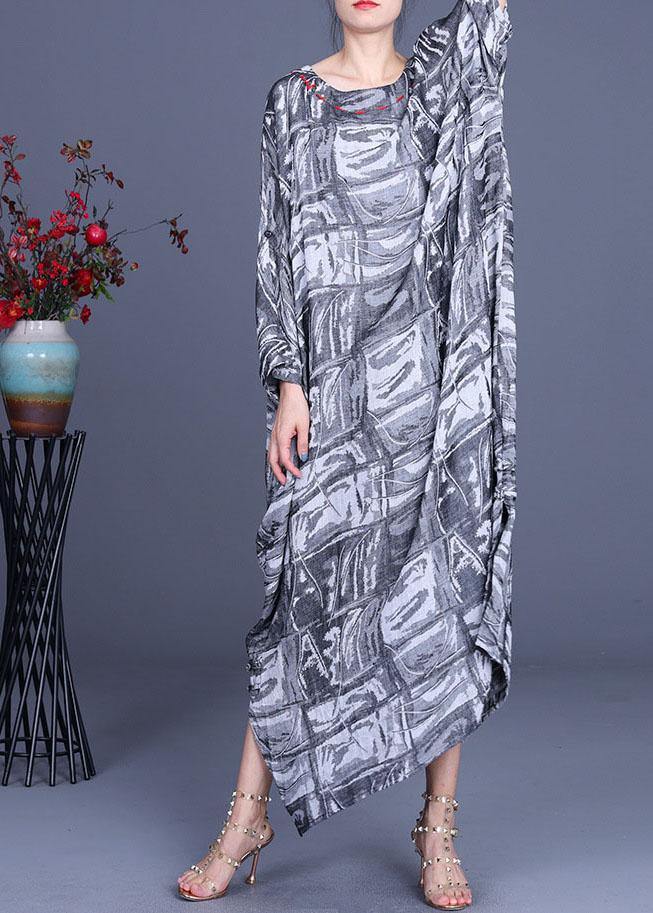 French Grey Print Cotton Linen Side Open Party Dress Summer