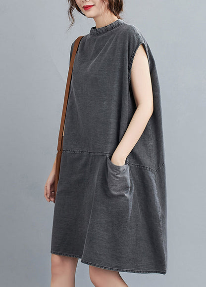 French Grey Stand Collar Pockets Cotton Denim Dress Sleeveless