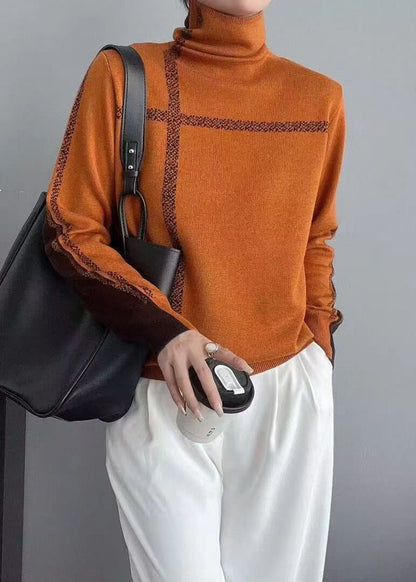 French Grey Turtleneck Patchwork Wear on Both Sides Knit Top Long Sleeve