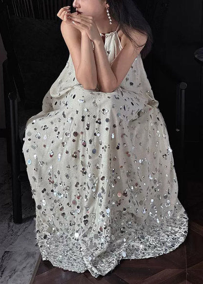 French Halter Sequins Line Maxi Spaghetti Strap Dress Sleeveless