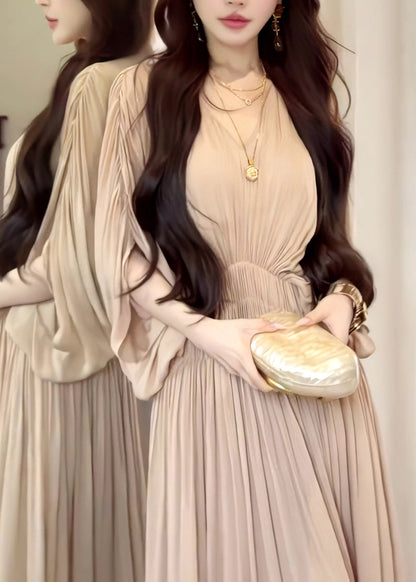 French Khaki Oversized Chiffon Robe Dresses Batwing Sleeve