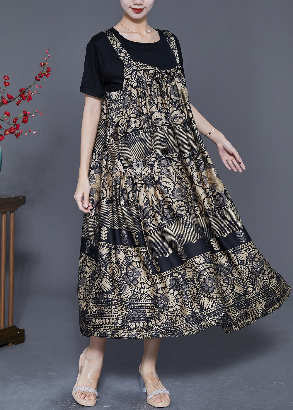 French Khaki Oversized Print Exra Large Hem Silk Summer Dress