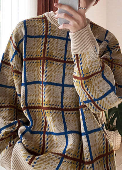 French Khaki Plaid Cozy Knit Sweater Spring