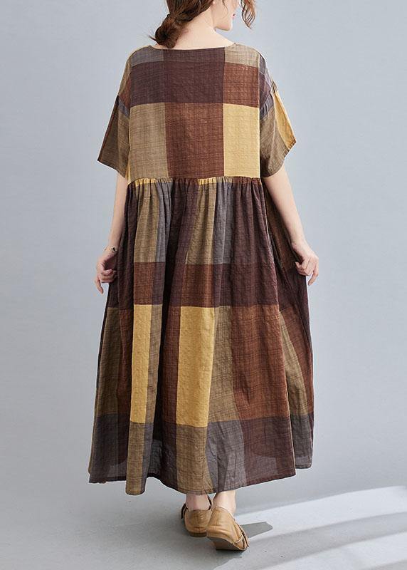 French Khaki Plaid Patchwork Summer Half Sleeve Holiday Dress
