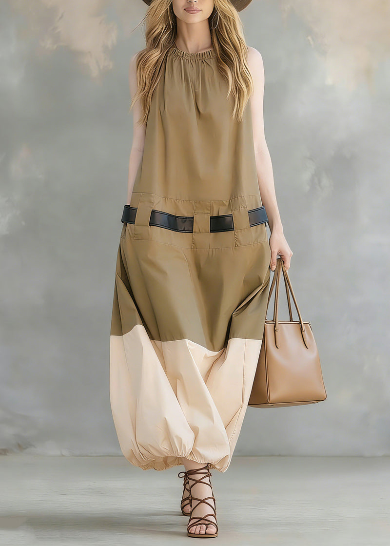 French Khaki Pockets Patchwork Cotton Dress Sleeveless