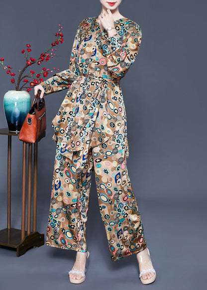 French Khaki Print Tie Waist Asymmetrical Design Silk Two-piece Set Summer