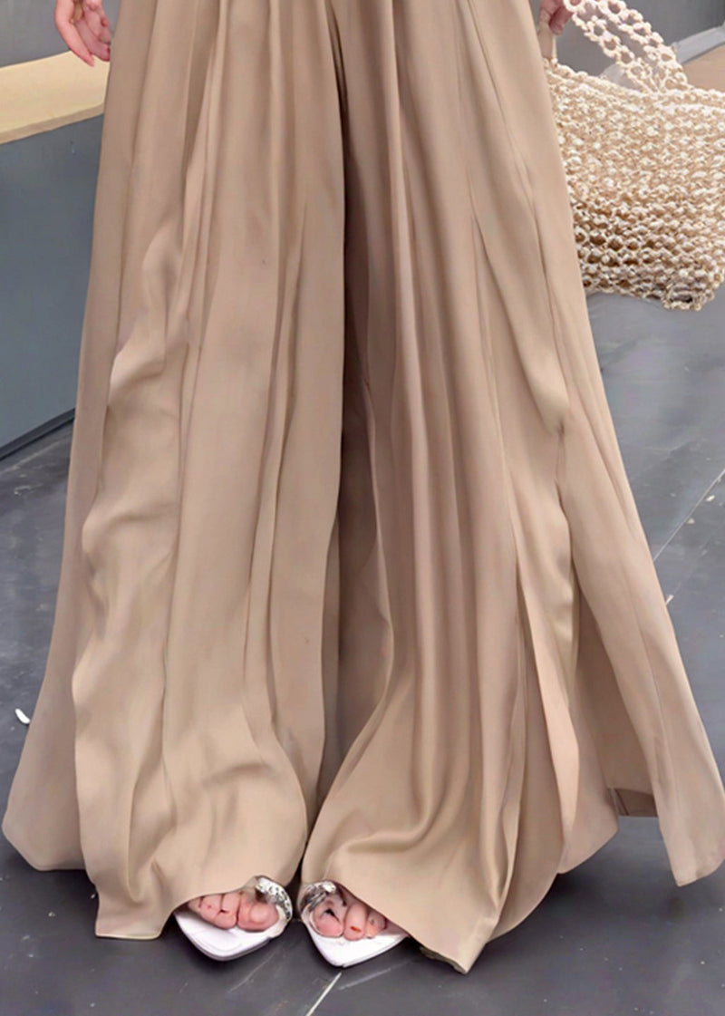 French Khaki Ruffled Patchwork Cotton Wide Leg Pants Summer