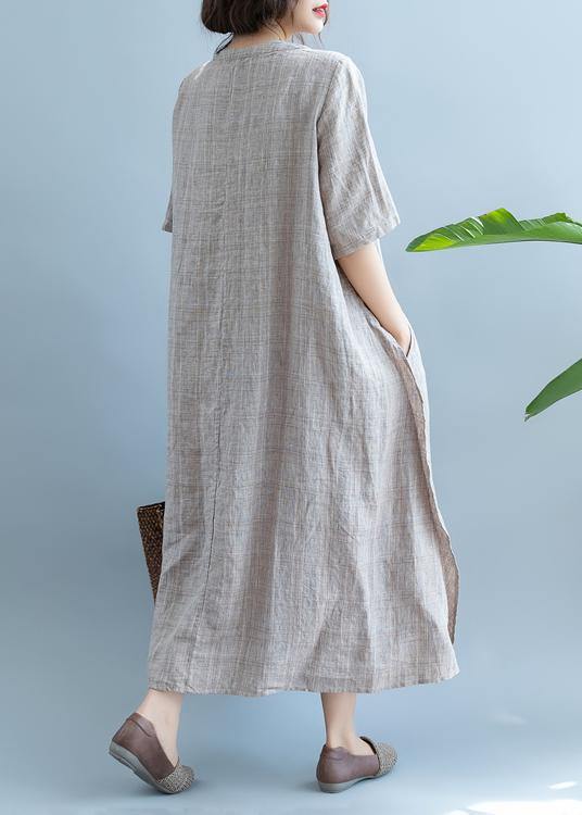 French Khaki Linen Dress V Neck Robe Summer Dresses