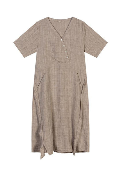 French Khaki Linen Dress V Neck Robe Summer Dresses