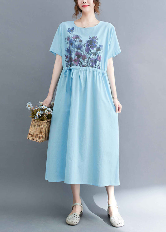 French Light Blue O-neck Print Drawstring Cotton Vacation Dress Short Sleeve