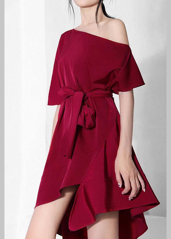 French Mulberry One Shoulder Asymmetrical Design Tie Waist Dresses Summer