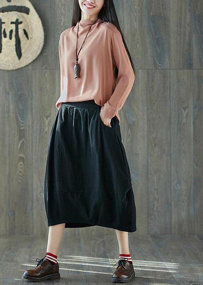 French Black Elastic Waist Lantern Cotton Linen Skirt Summer