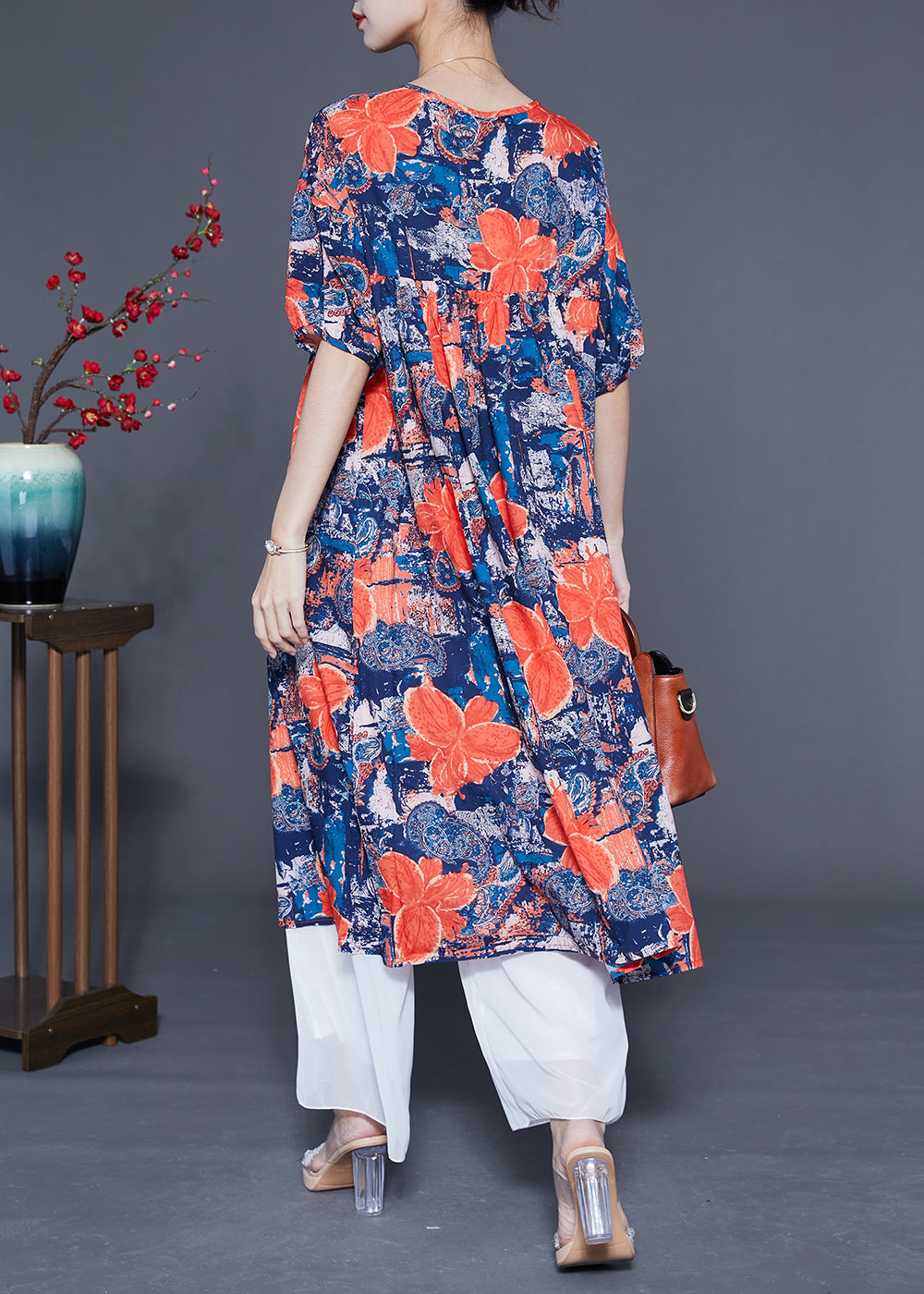 French Navy O-neck Print Silk Maxi Dress Summer