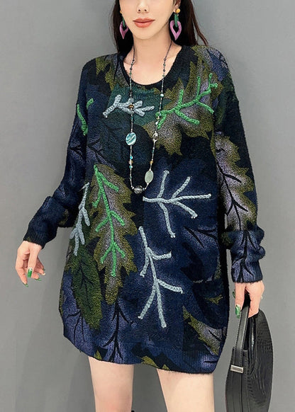 French Navy O-neck Print Knit Sweaters Long Sleeve