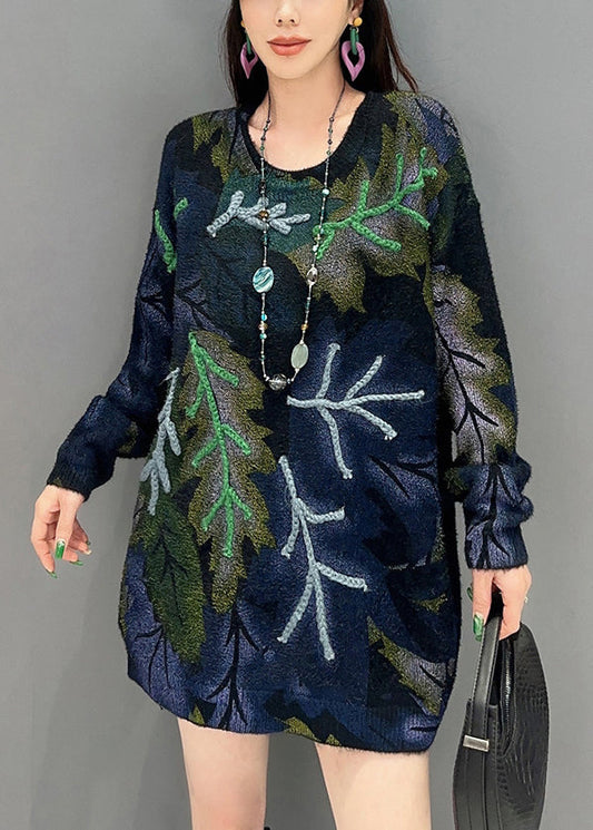 French Navy O-neck Print Knit Sweaters Long Sleeve