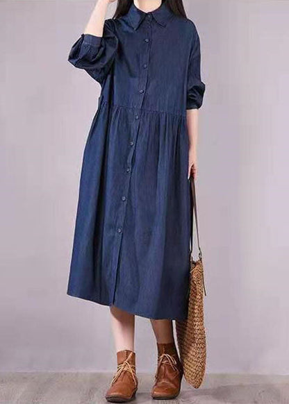 French Navy Peter Pan Collar Button Pockets Fall Long Sleeve Denim Dress