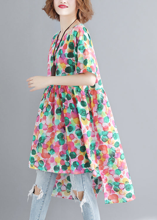 French O-neck Cinched Dot Print Low High Design Dress Short Sleeve