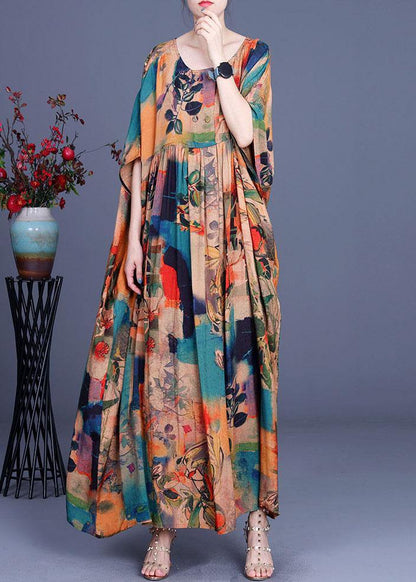 French Orange Print Button Batwing Sleeve Chiffon Summer Maxi Dresses