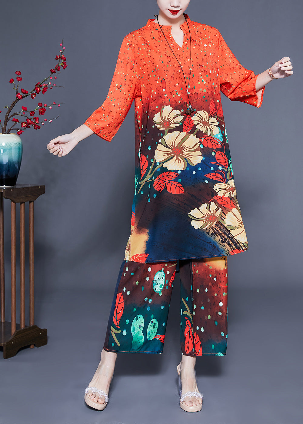 French Orange Stand Collar Oversized Print Silk Two-piece Set Bracelet Sleeve