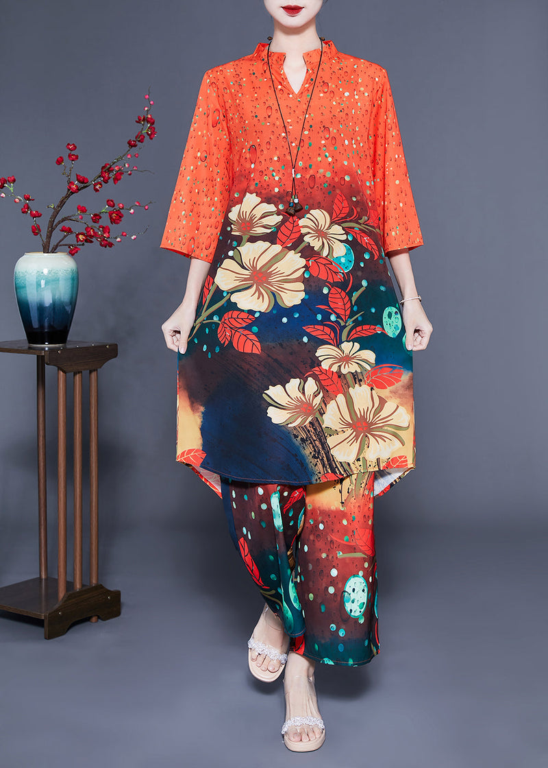 French Orange Stand Collar Oversized Print Silk Two-piece Set Bracelet Sleeve