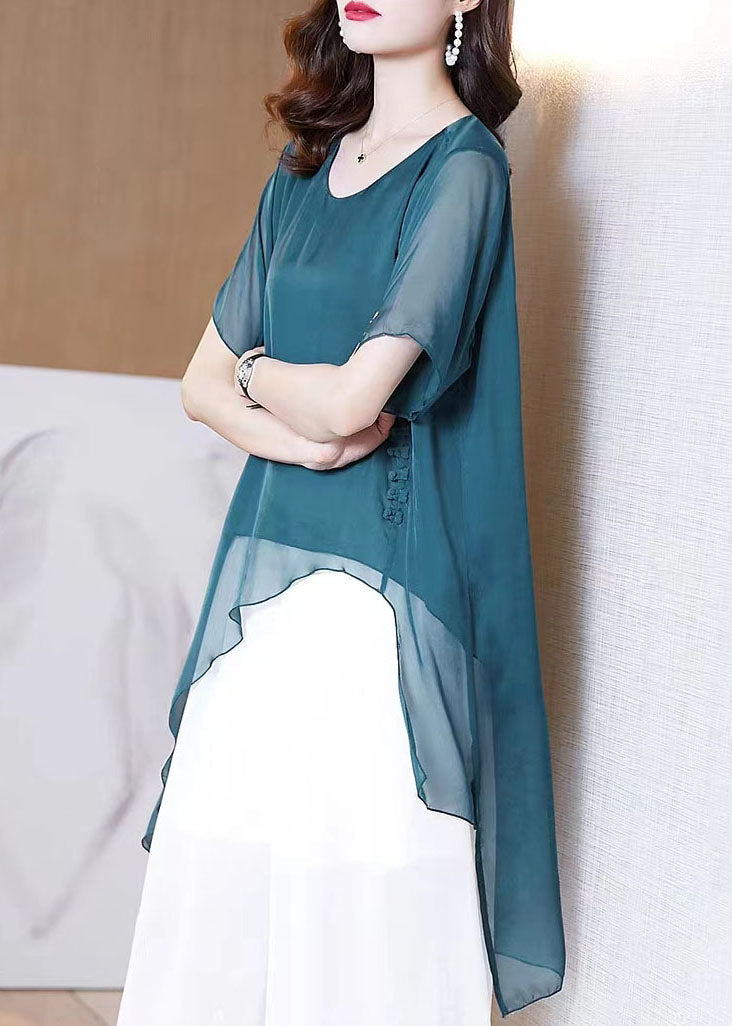 French Peacock Blue O-neck Asymmetrical Patchwork Chiffon Shirts Tops Summer