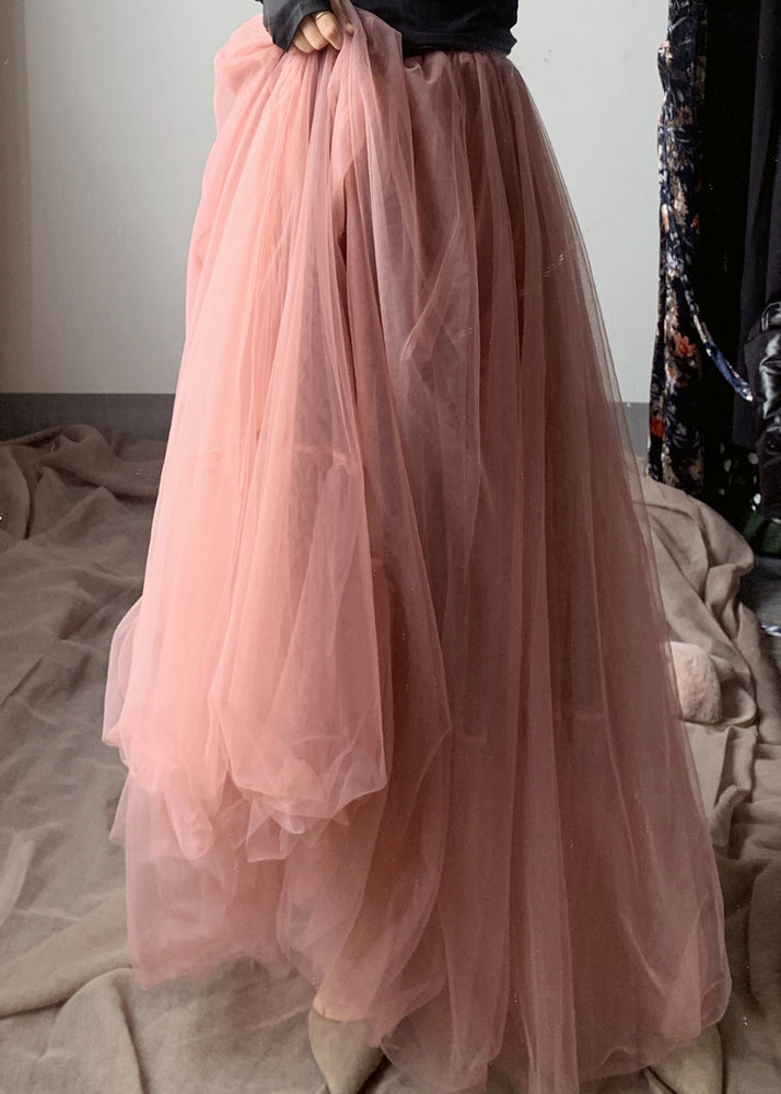French Pink Asymmetrical Wrinkled Tulle Skirt Winter