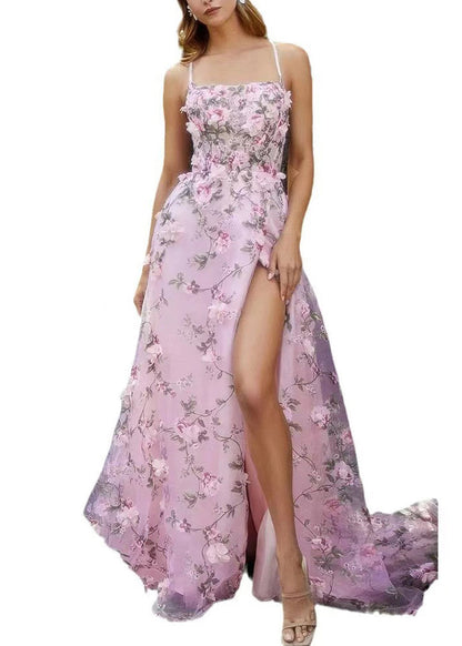 French Pink Embroidered Tulle Spaghetti Strap Dress Summer