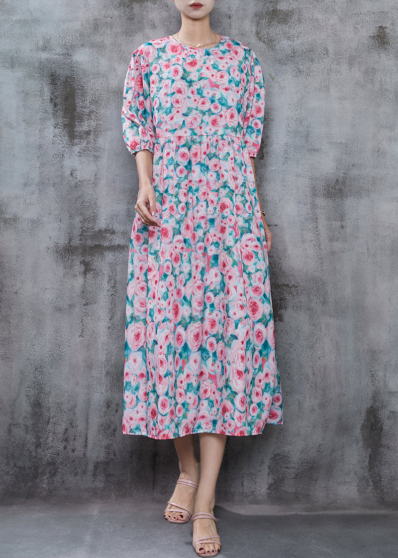 French Pink Print Cotton Long Dress Summer