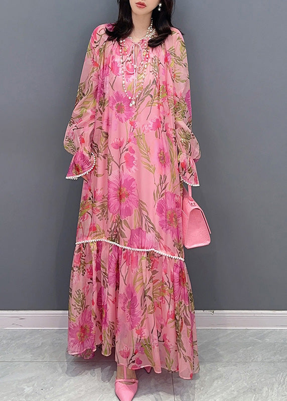French Pink O-neck Print Nail Bead Holiday Chiffon Long Dress Summer