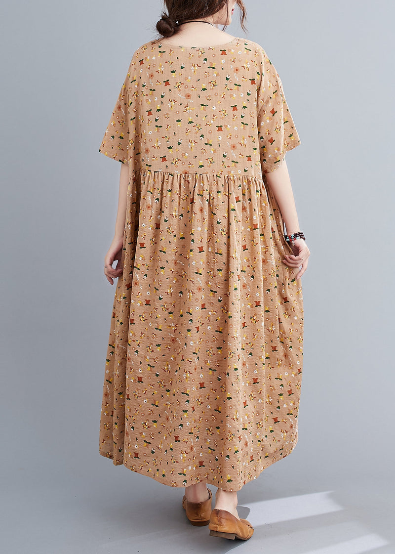 French Pink Orange O-neck Wrinkled Print Cotton Loose Dresses Short Sleeve