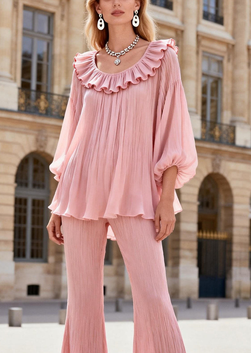 French Pink Ruffled Patchwork Chiffon Shirts and Flared Trousers Two Pieces Set Lantern Sleeve