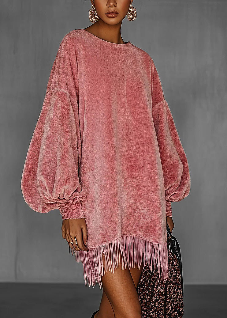 French Pink Tassel Patchwork Velvet Mid Dress Lantern Sleeve